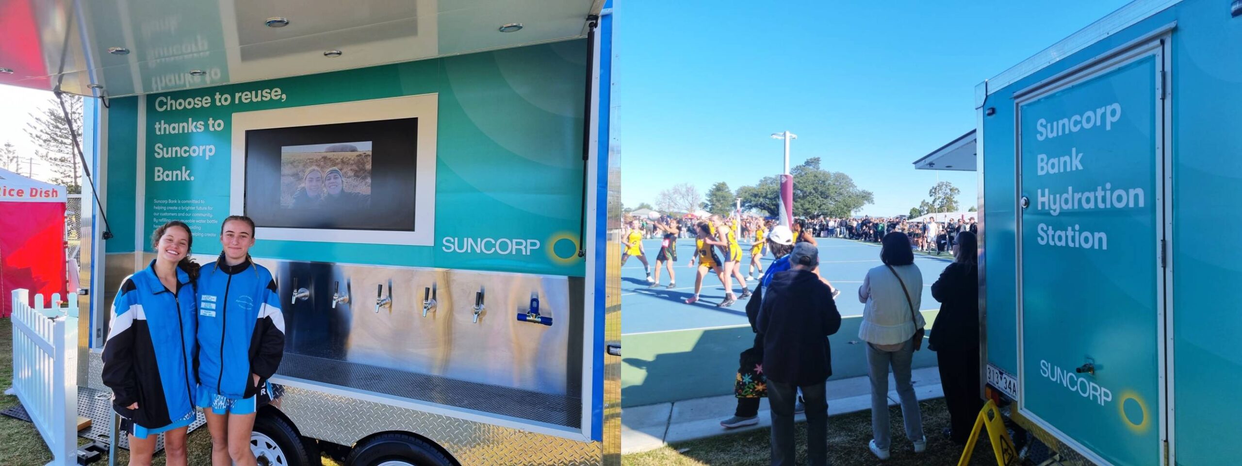 Participant with SUNCORP BANK custom branded hydration station at Newcastle and Meitland