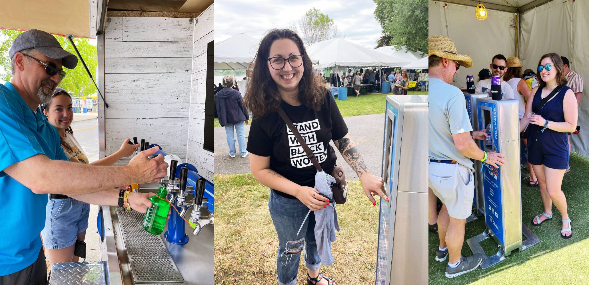 Smiling Attendees Utilizing Hydration Stations