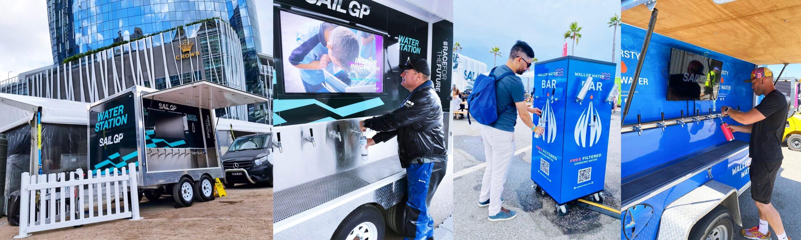 People enjoy using Wallop Water custom branded hydration stations at SAIL GP events