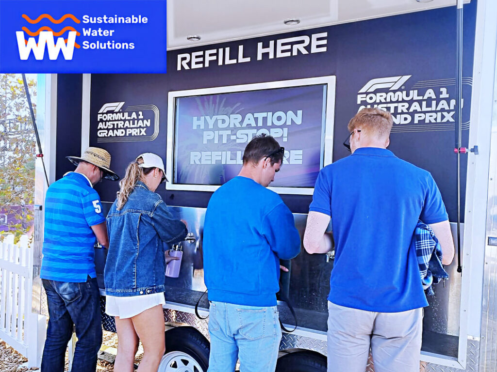 Attendees are drinking Water from Trailer bar 2.0. Wallop Water's Triumph at the 2024 Australian F1 Grand Prix - Driving Sustainability