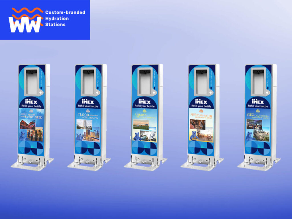 Custom-branded hydration stations for bottle refilling.