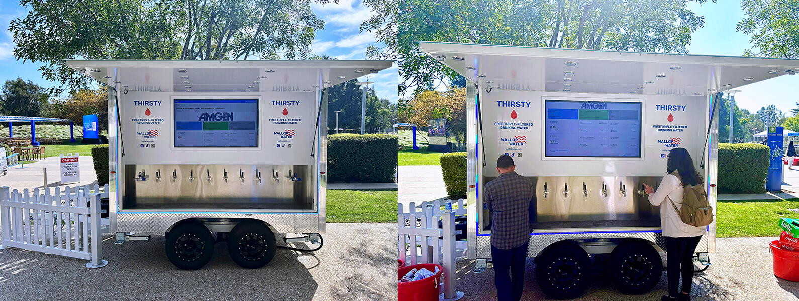 Mobile water station with taps and digital screen.