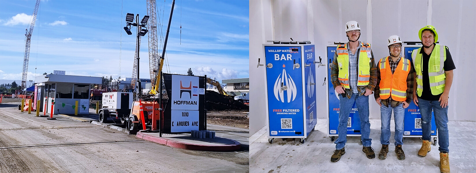 Construction site with workers and Wallop Water Monster Mobile Water Bar.