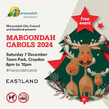 Maroondah Carols 2024 event poster with reindeer.