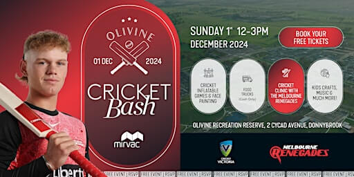 Olivine Cricket Bash event poster December 2024.