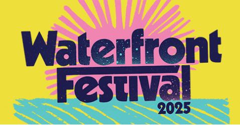 Waterfront Festival 2025 promotional graphic, colorful background.