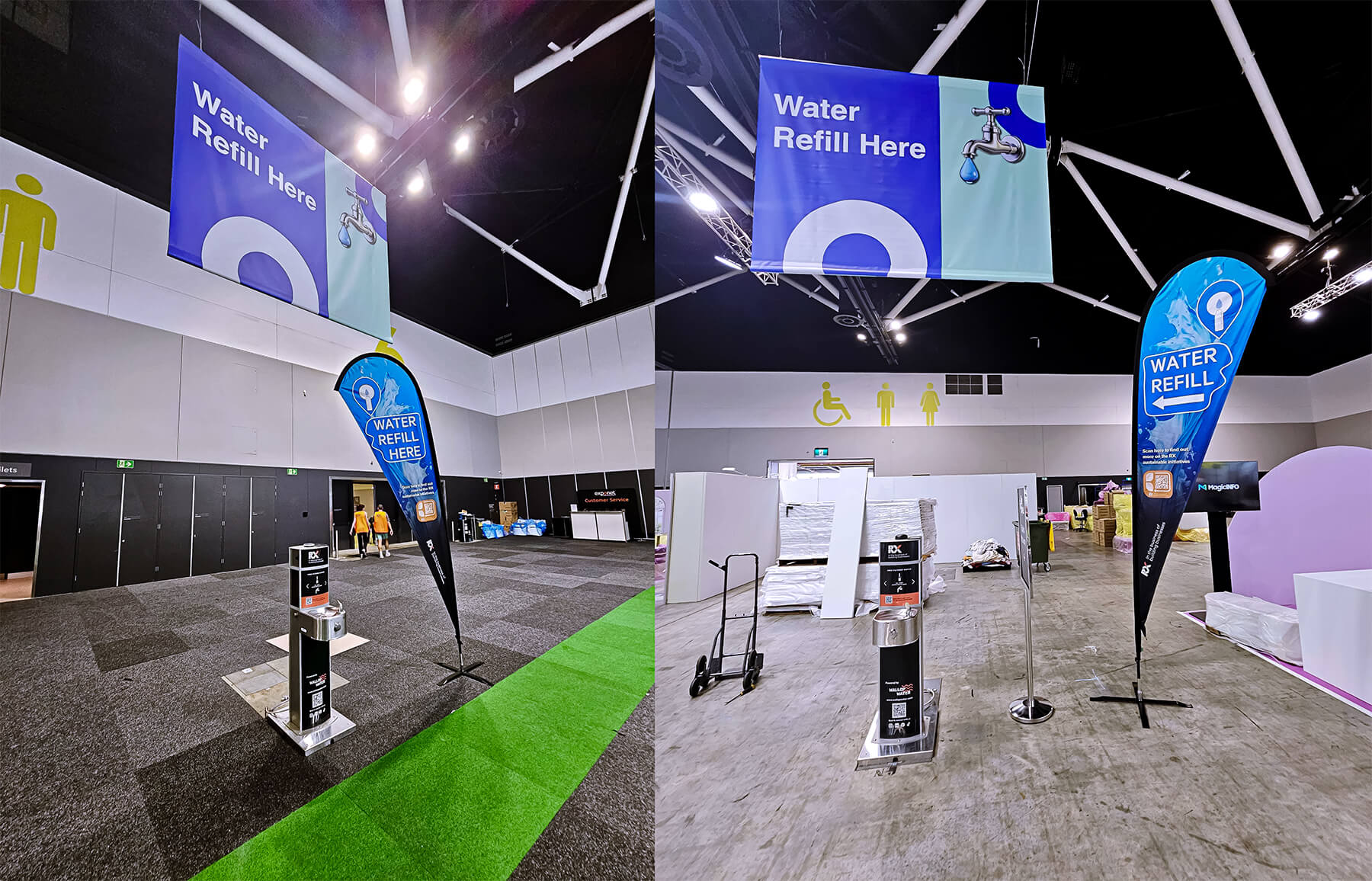 Indoor water refill station with signs and banners