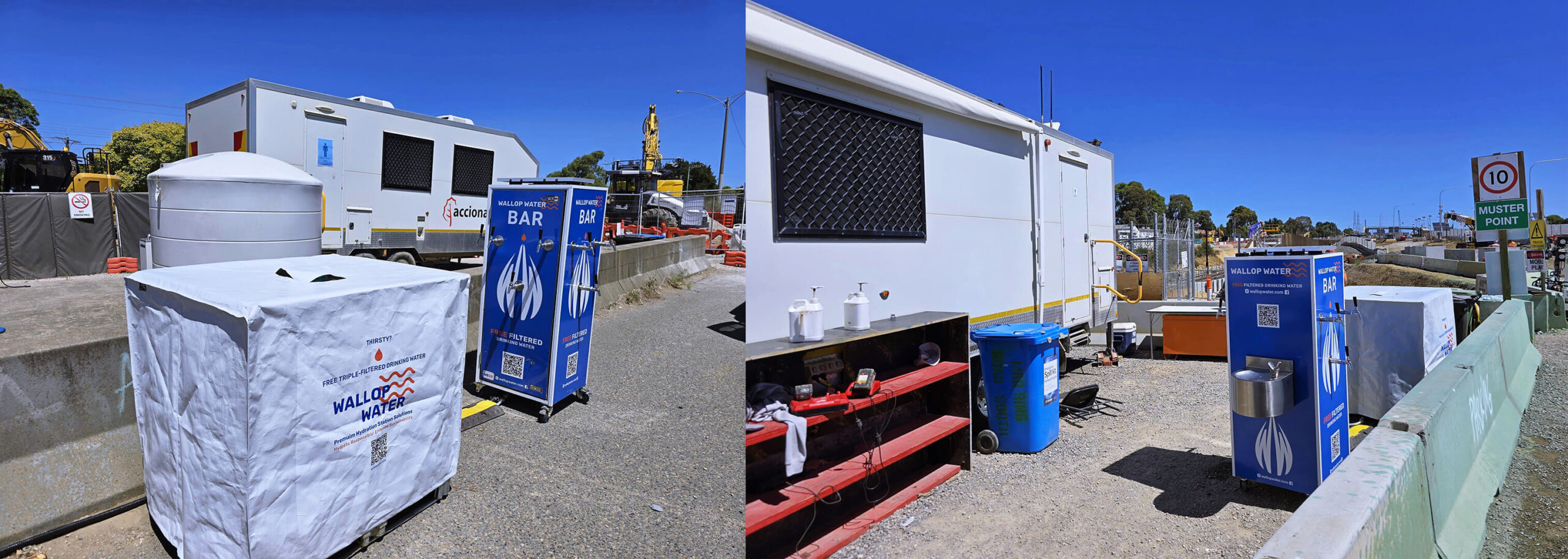 Construction site with water station and trailer.