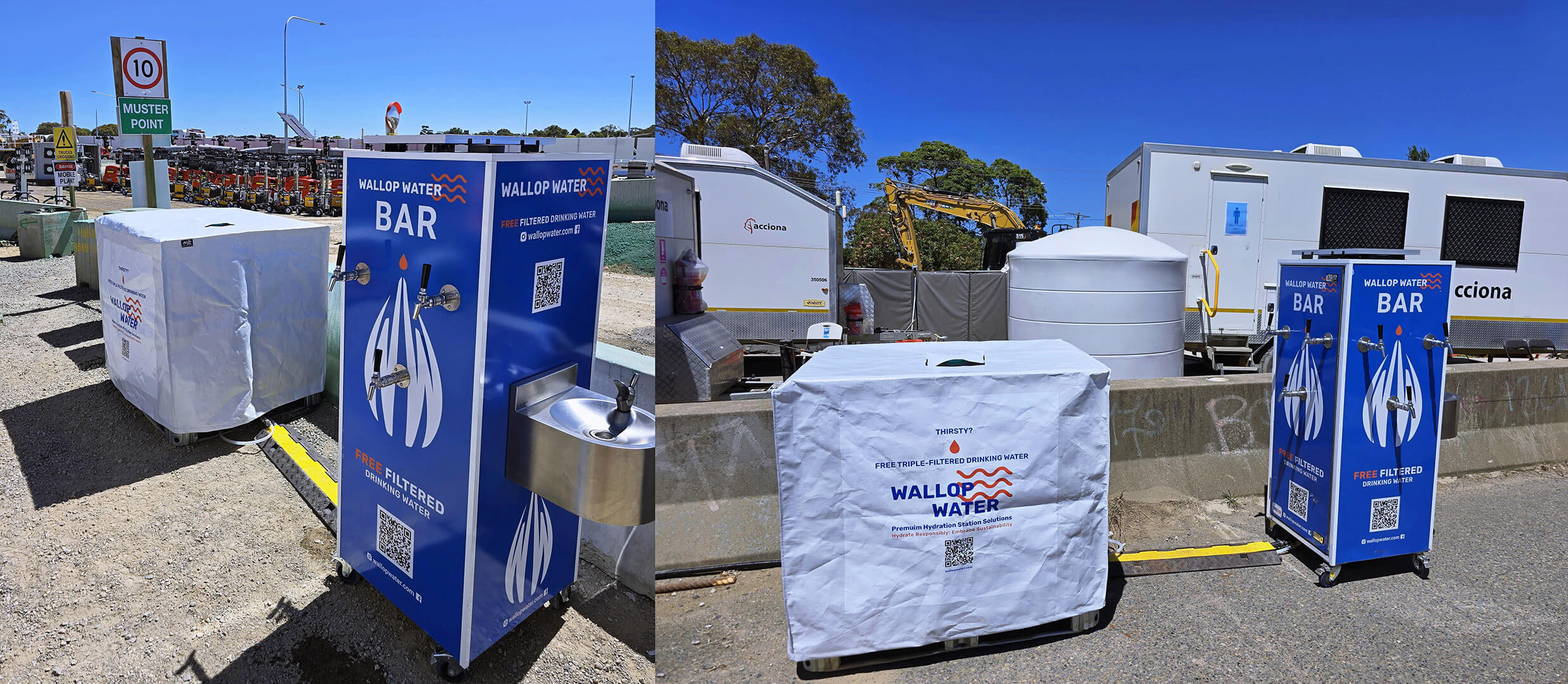 Filtered water stations outdoors, clear blue sky.