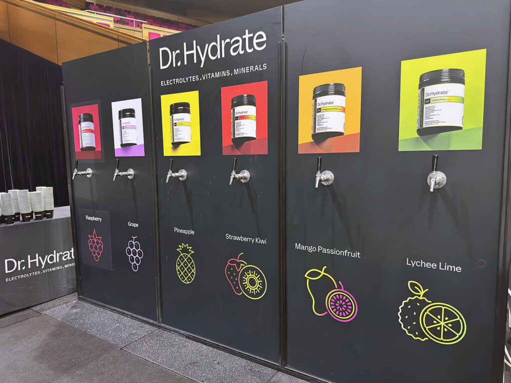 Dr. Hydrate beverage dispensers with fruit flavors.