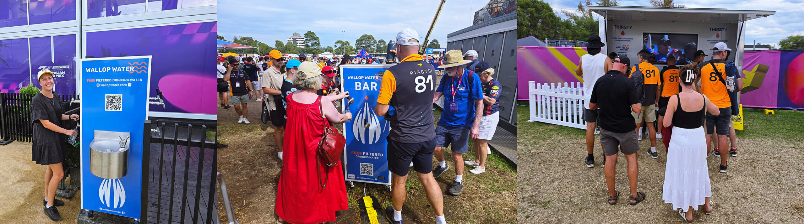 People using free Wallop Water stations at outdoor event.
