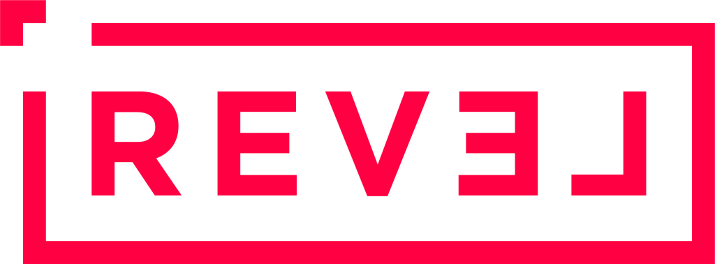 Red logo with text 'REVEL'