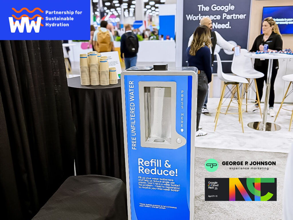 Event booth with sustainable hydration water station. A Powerful Partnership for Sustainable Hydration at Google Cloud Next.