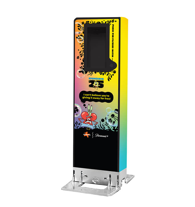 Colorful water bottle filling station with cartoon design.