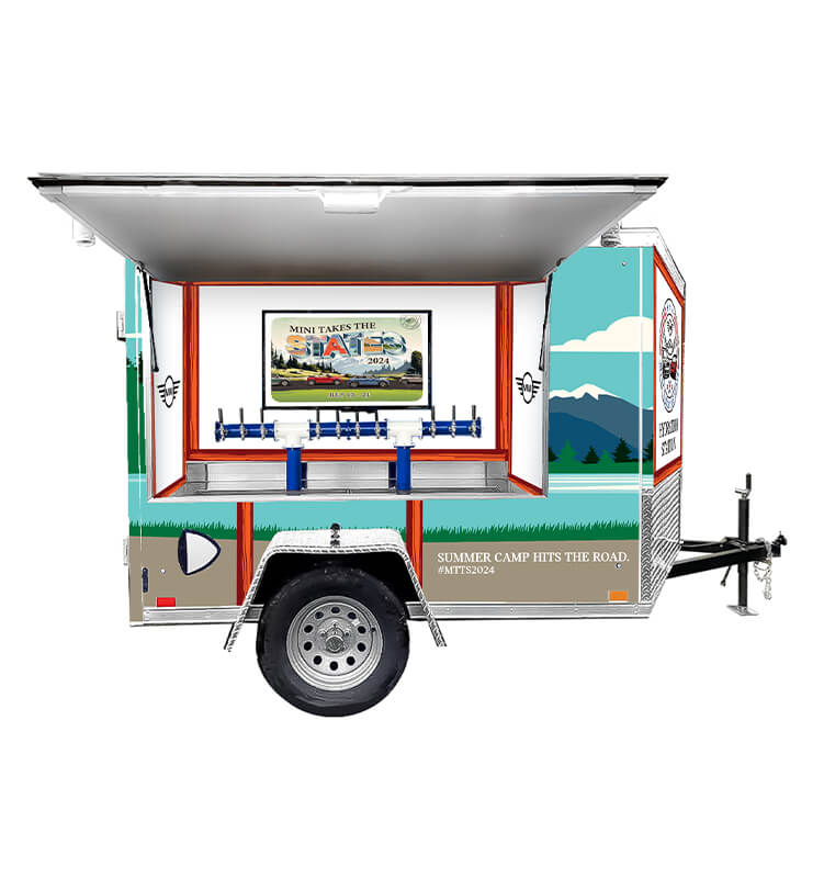 Mini camper trailer, summer camp theme, open side view.