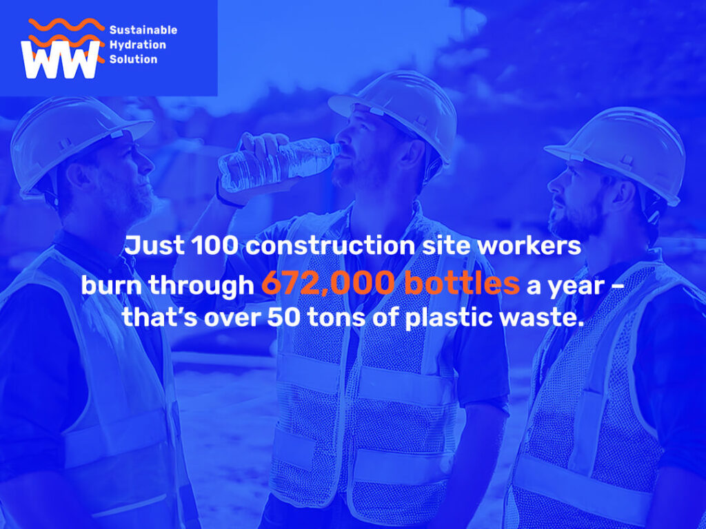 Construction workers discussing sustainable hydration solutions.