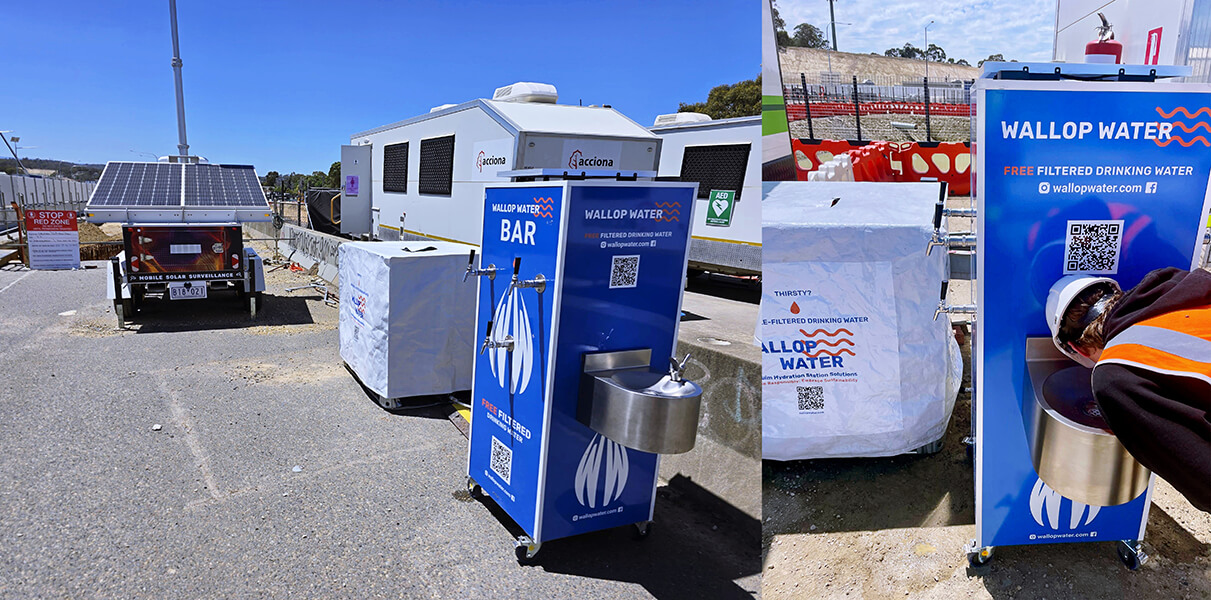 Solar-powered water station at construction site