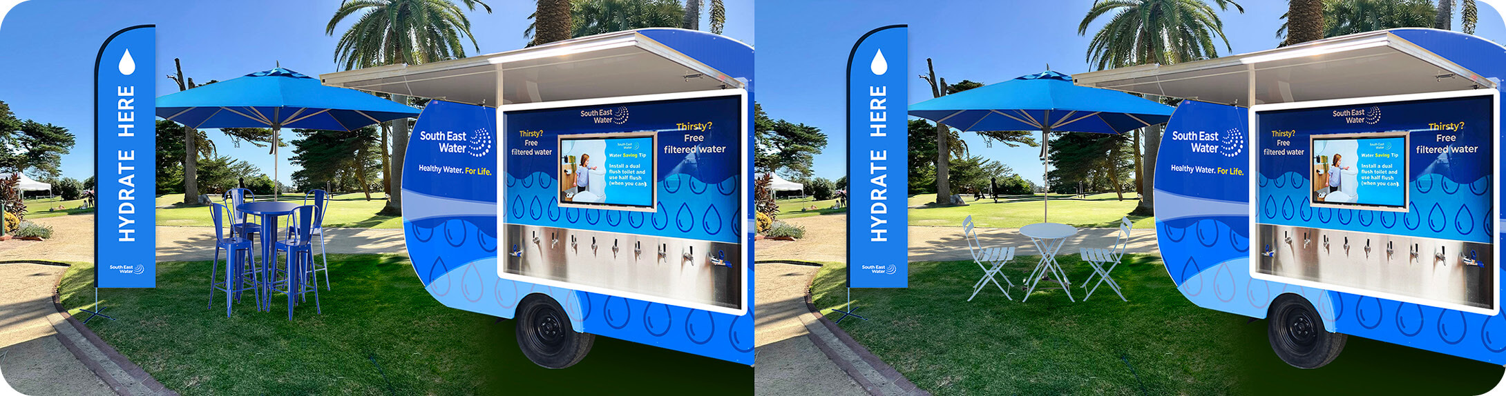 SOUTH EAST WATER - RETRO WATER TRAILER in situ mockup for outdoor event.
