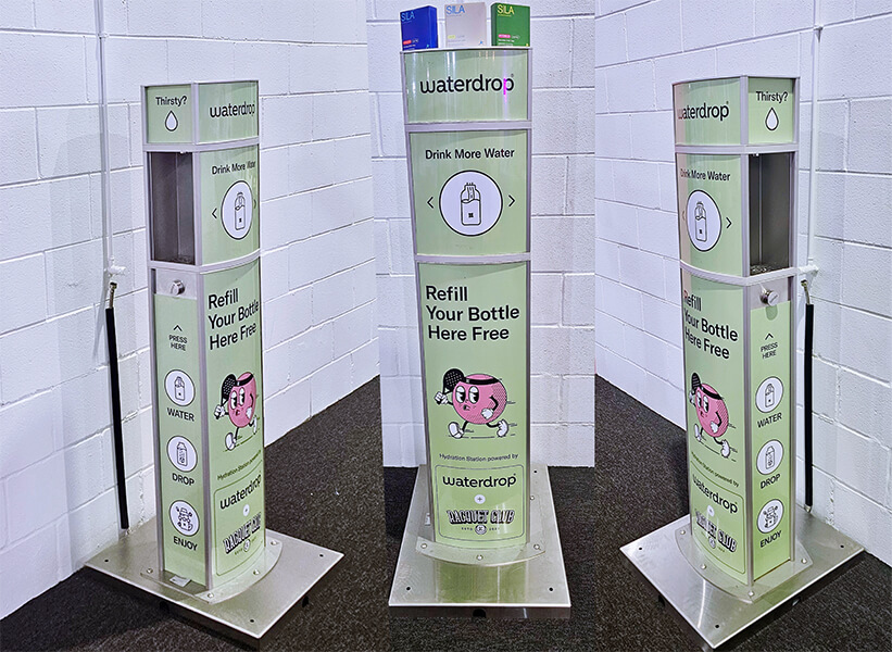 Branded Eventa Duo Water bottle refill stations indoors, free access at the Racquet Club locations