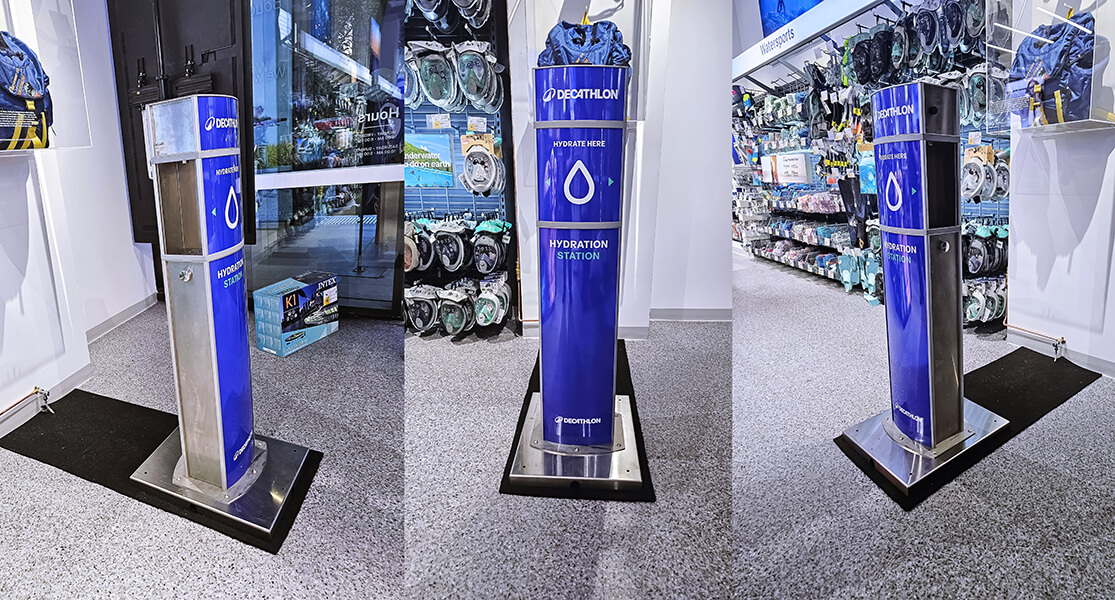 Wallop Water Eventa Duos – two-bottle refill taps delivering chilled, filtered water via Hydro-IQ technology – have been custom-branded and installed at Sydney’s Decathlon flagship store.