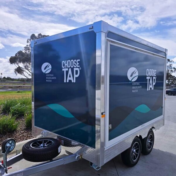 Water trailer with 'Choose Tap' branding for Central Highlands Water