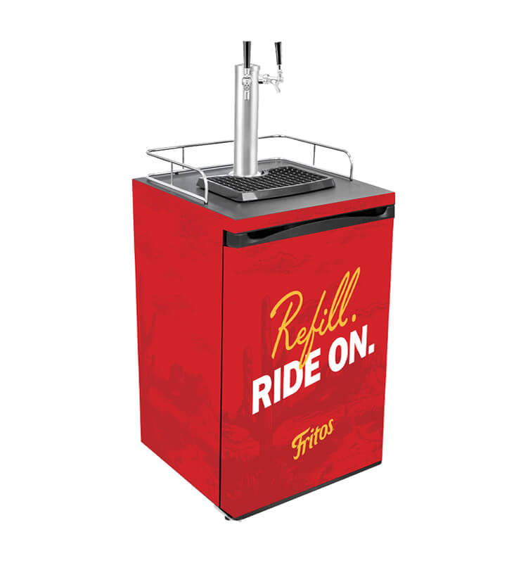 Red keg cooler with dispenser taps
