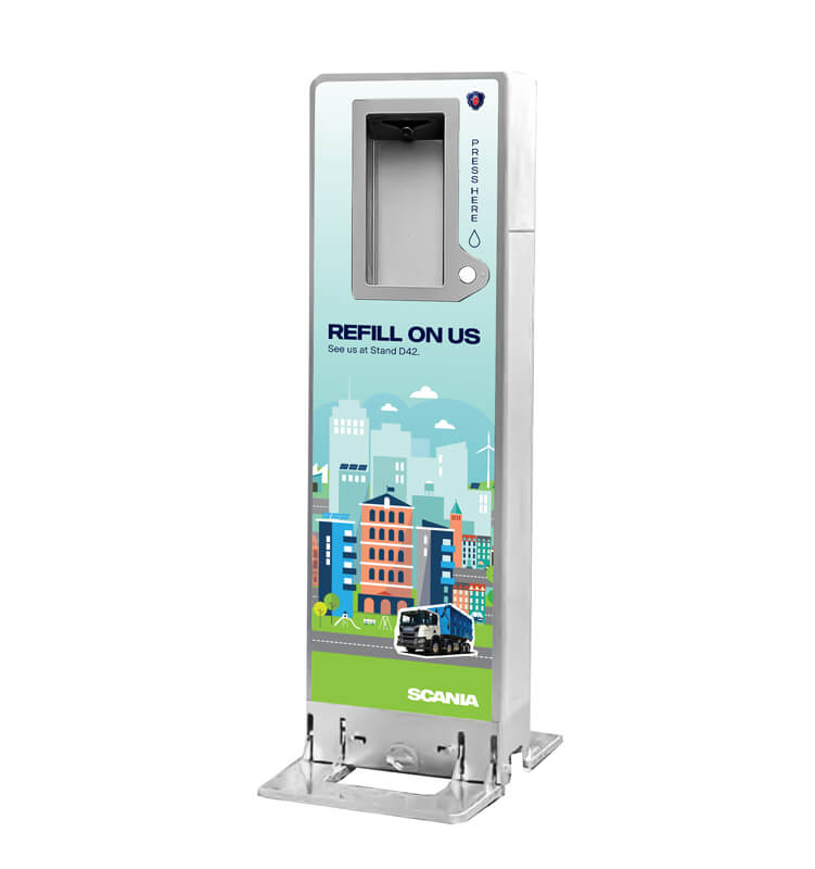 Scania water refill station with cityscape design.
