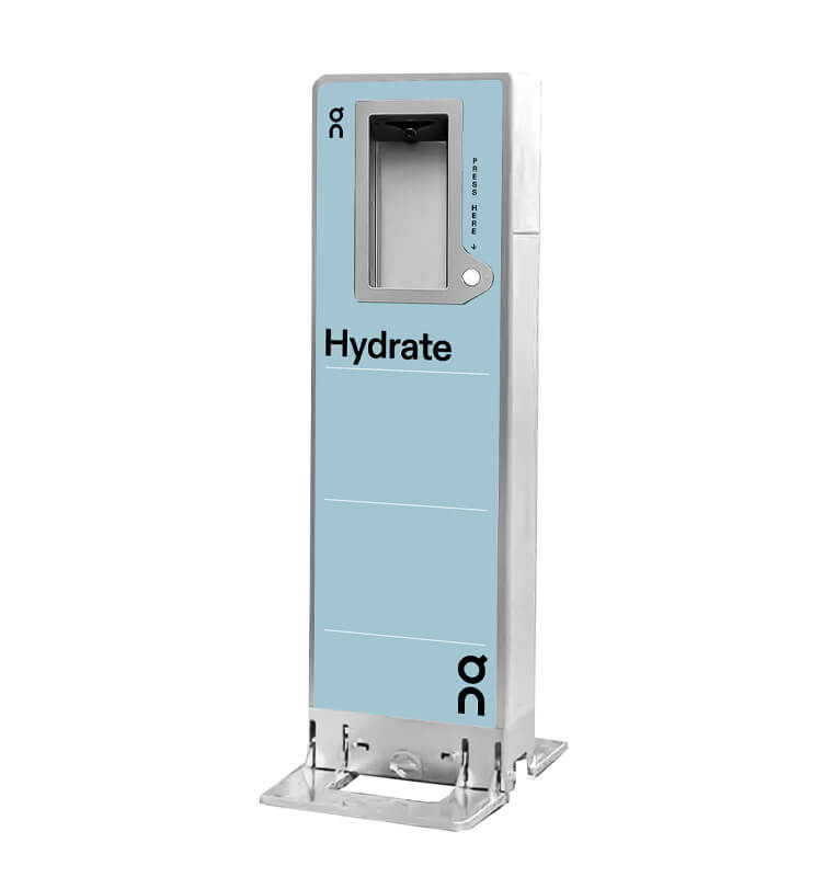 Modern water dispenser, blue with 'Hydrate' label.