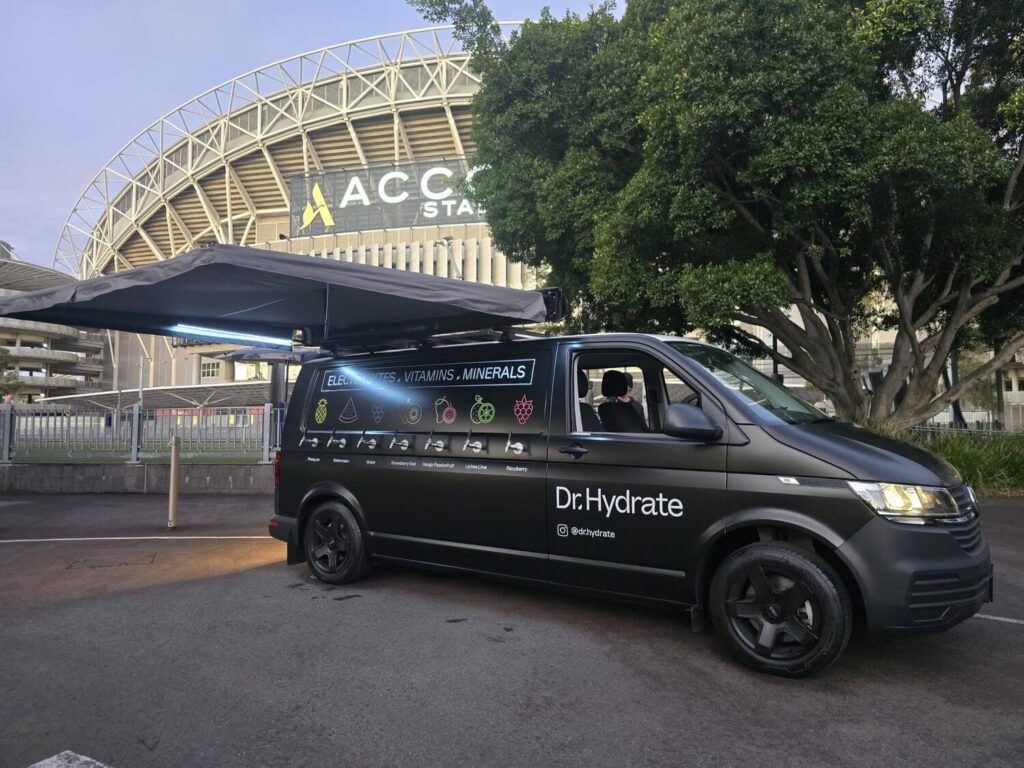 Hydration van at stadium promoting electrolytes and minerals.
