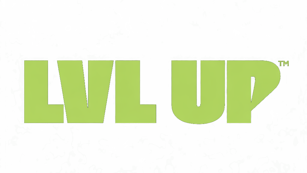 Bold green LVL UP text on dark background