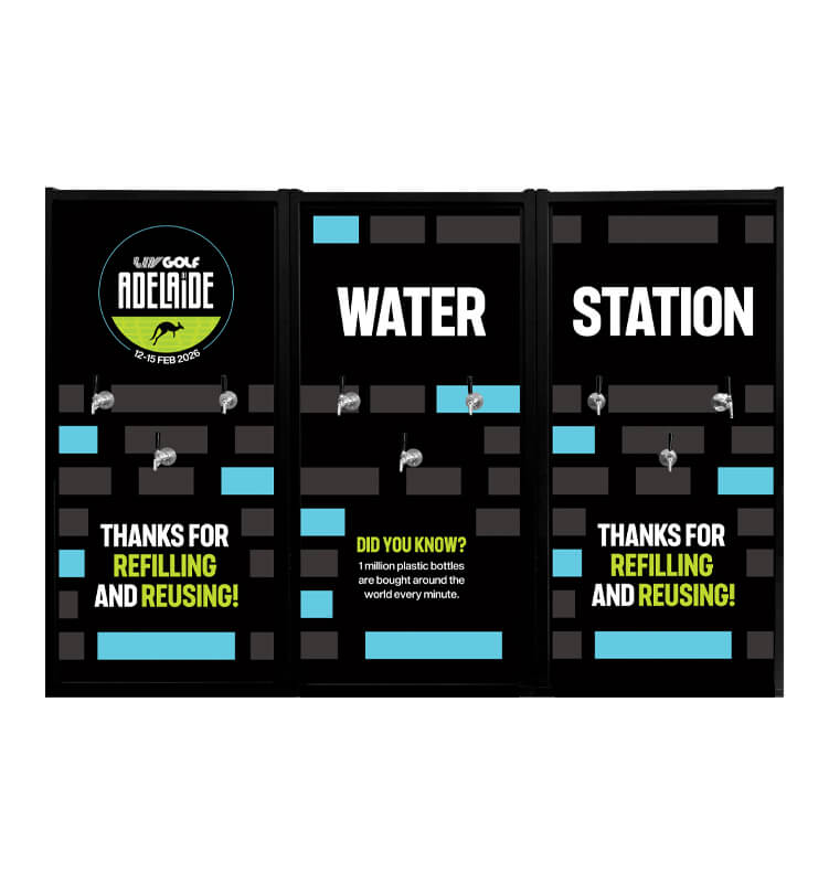 Water refill station with environmental message