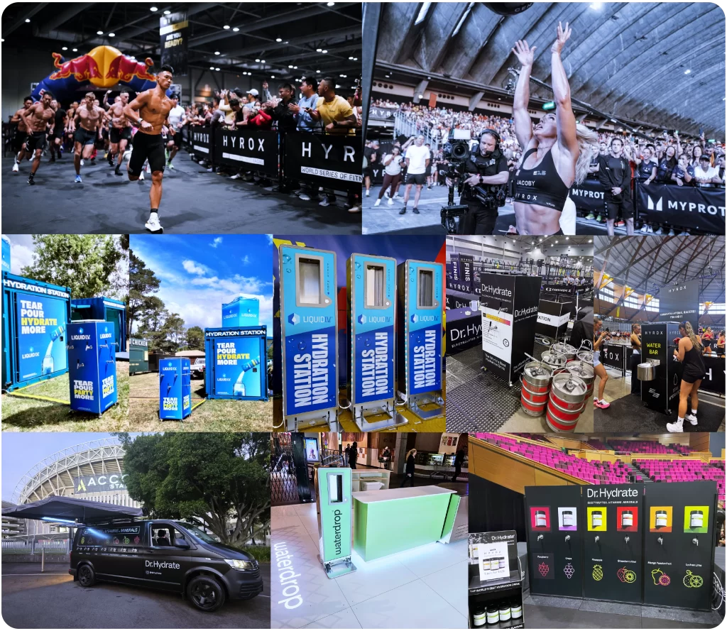 Collage of fitness event highlights and hydration stations