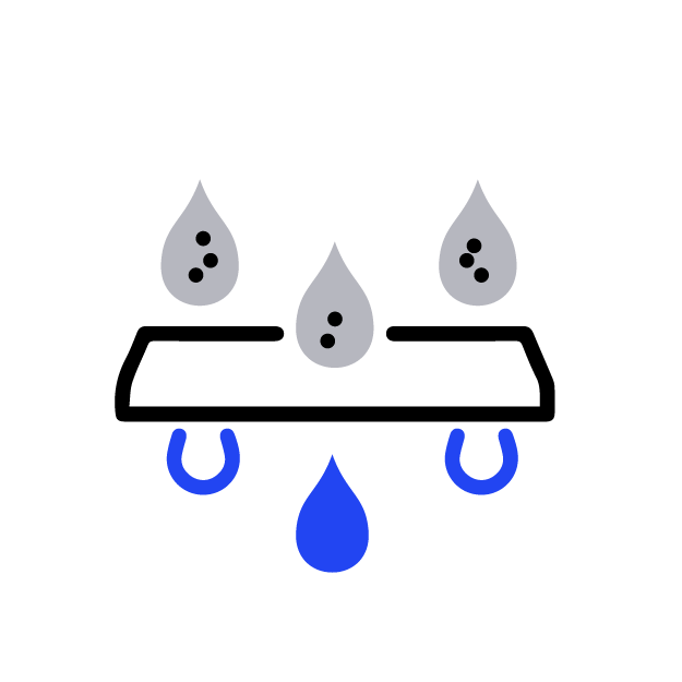 Water filtration illustration with droplets and filter layer