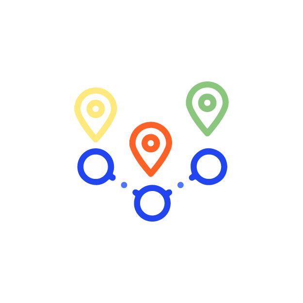 Colorful map pins connected to blue network nodes
