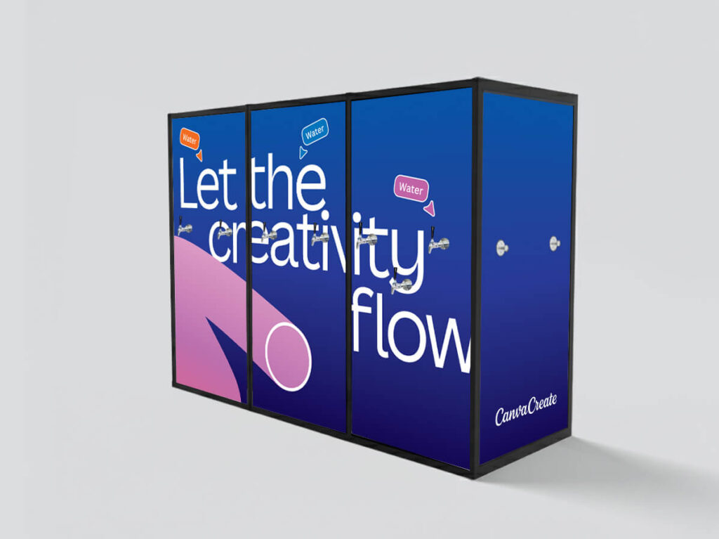 Branded water station with creative slogan and faucets
