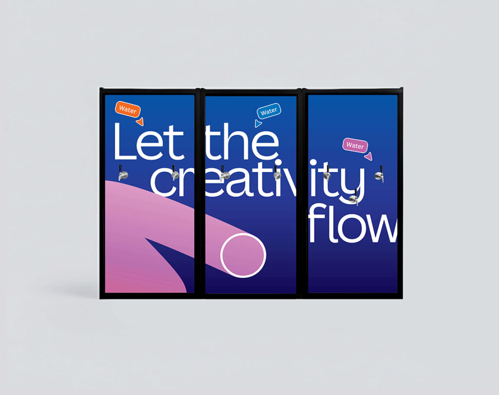 Three-panel water station with motivational slogan