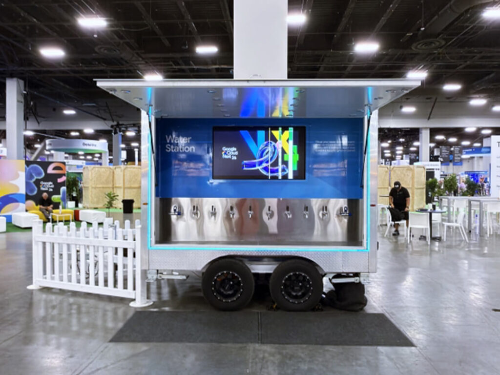 Mobile water station trailer at indoor convention center