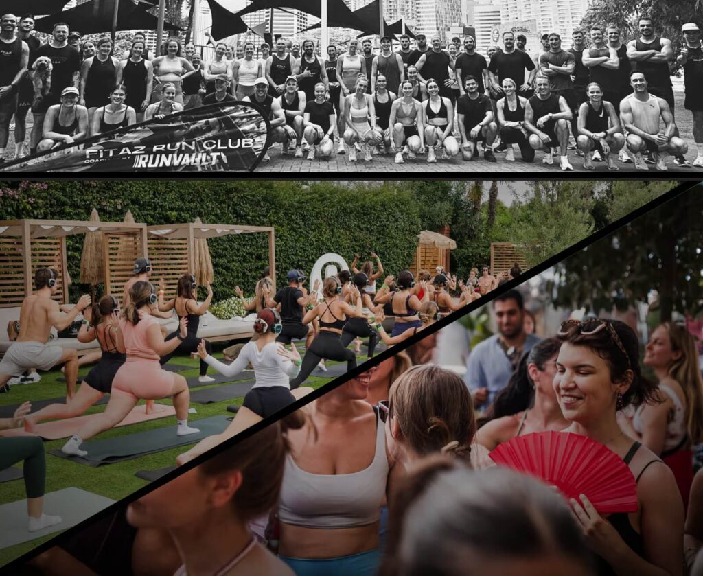 Run club, outdoor yoga class, and social gathering