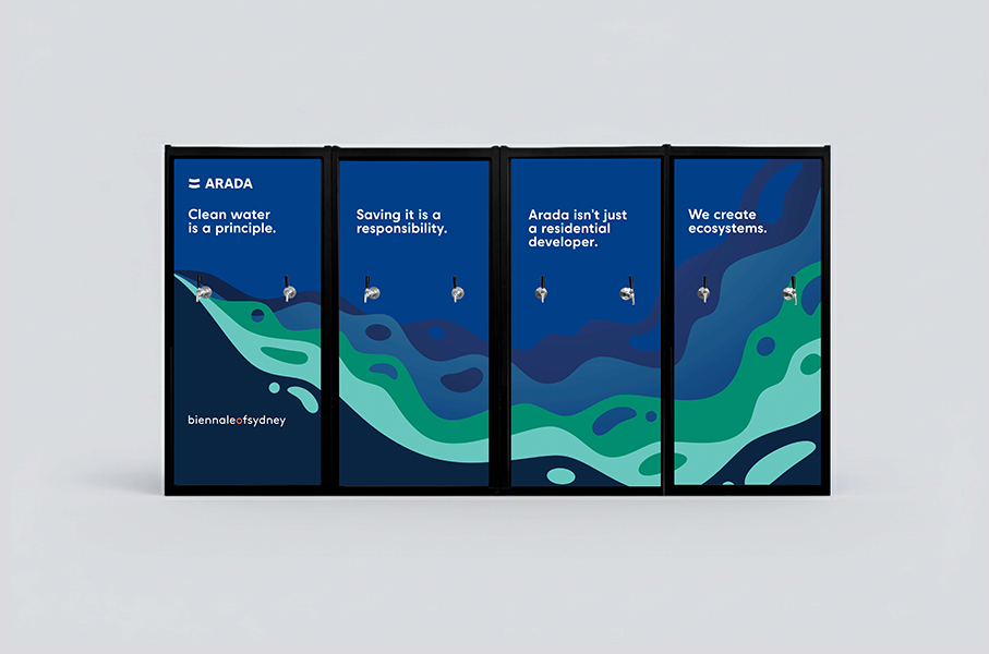 Four water-themed posters with mounted faucets